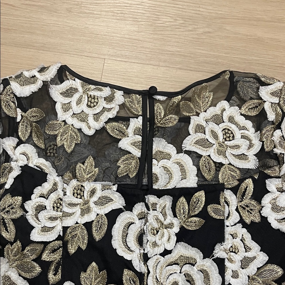 Adrianna Papell Black and White Floral Midi Dress with Gold Details - Picture 7 of 10
